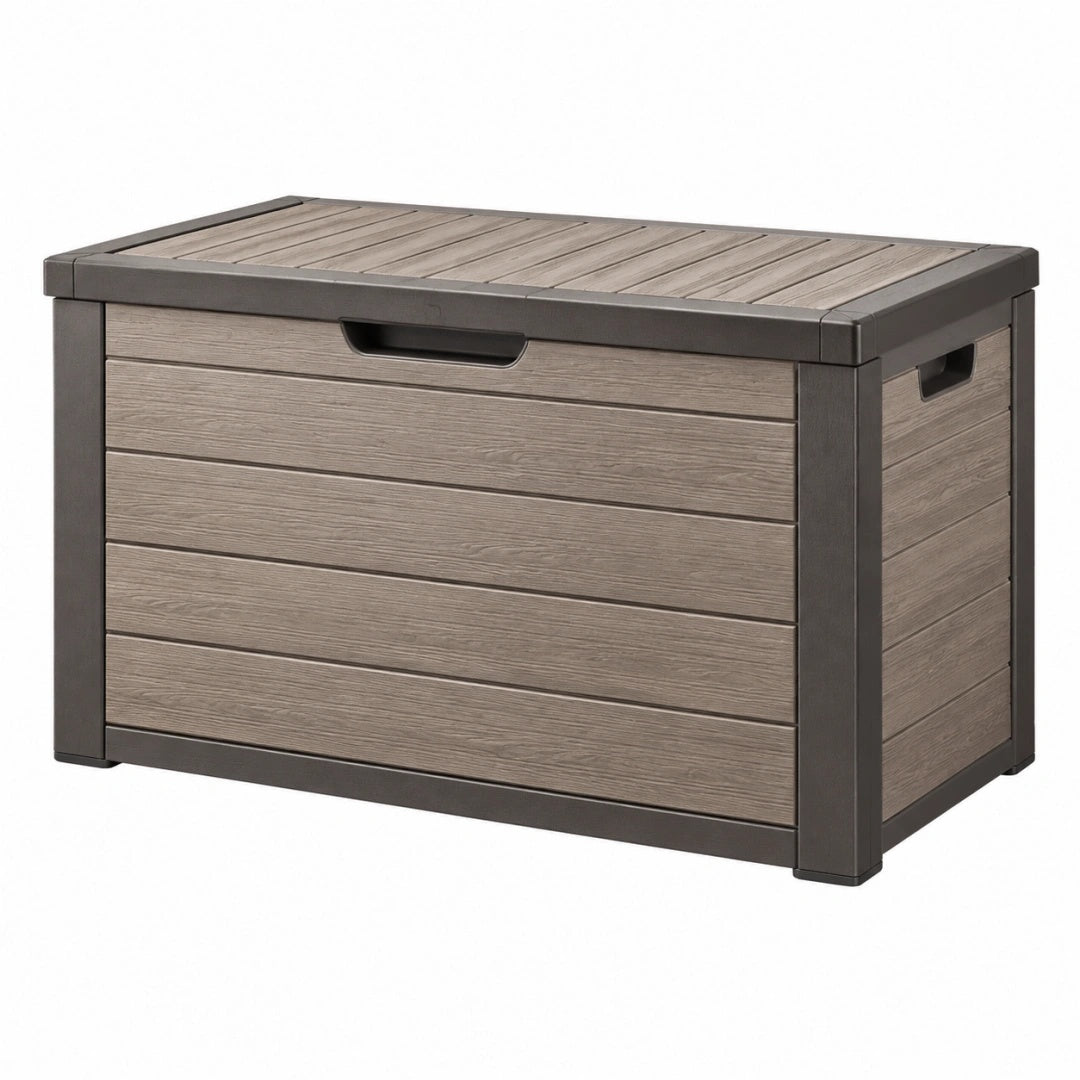 Aufbewahrungsbox 120 x 65 x 70 cm Kunststoff Braun/Grau Holzoptik für den Außenbereich