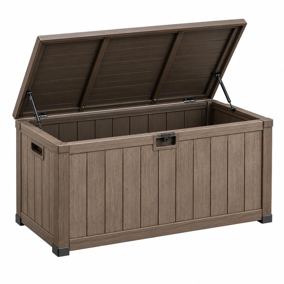 Garten-Aufbewahrungsbox 120 x 60 x 63 cm Kunststoff Braun Holzoptik mit Klappdeckel