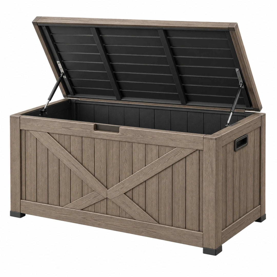 Aufbewahrungsbox 140 cm Kunststoff Holzoptik Taupe für Außenbereich mit Gasdruckfedern