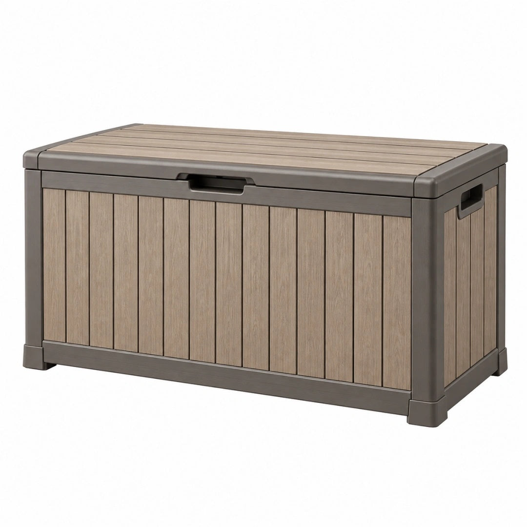 Aufbewahrungsbox 120 x 55 x 60 cm Kunststoff Taupe Holzoptik für Garten mit Deckel