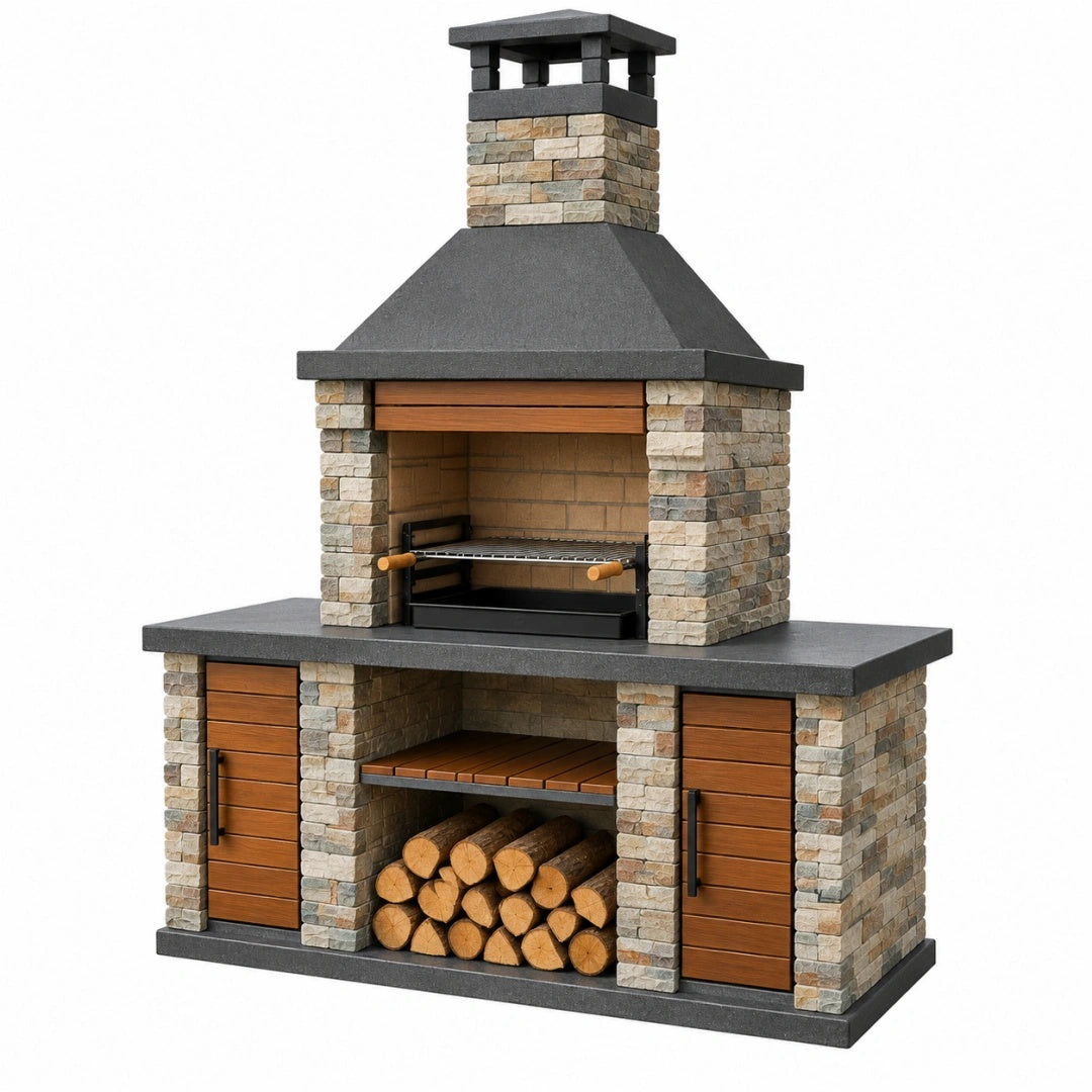 Gartengrillkamin 180 x 70 x 250 cm aus Stein in Anthrazit mit Grillrost im rustikalen Stil