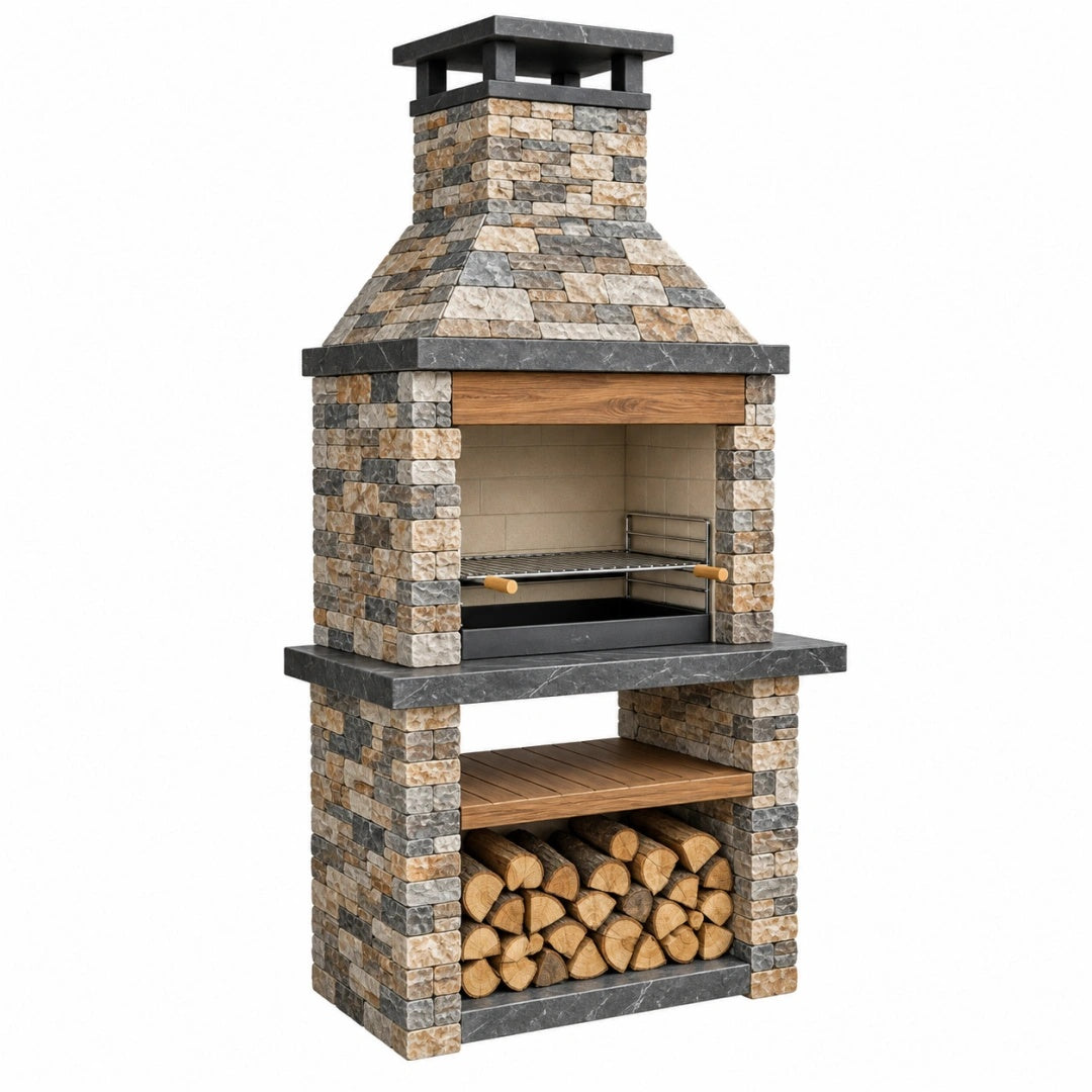 Grillkamin 100 x 70 x 220 cm Stein Schwarz Holzoptik mit Holzfach