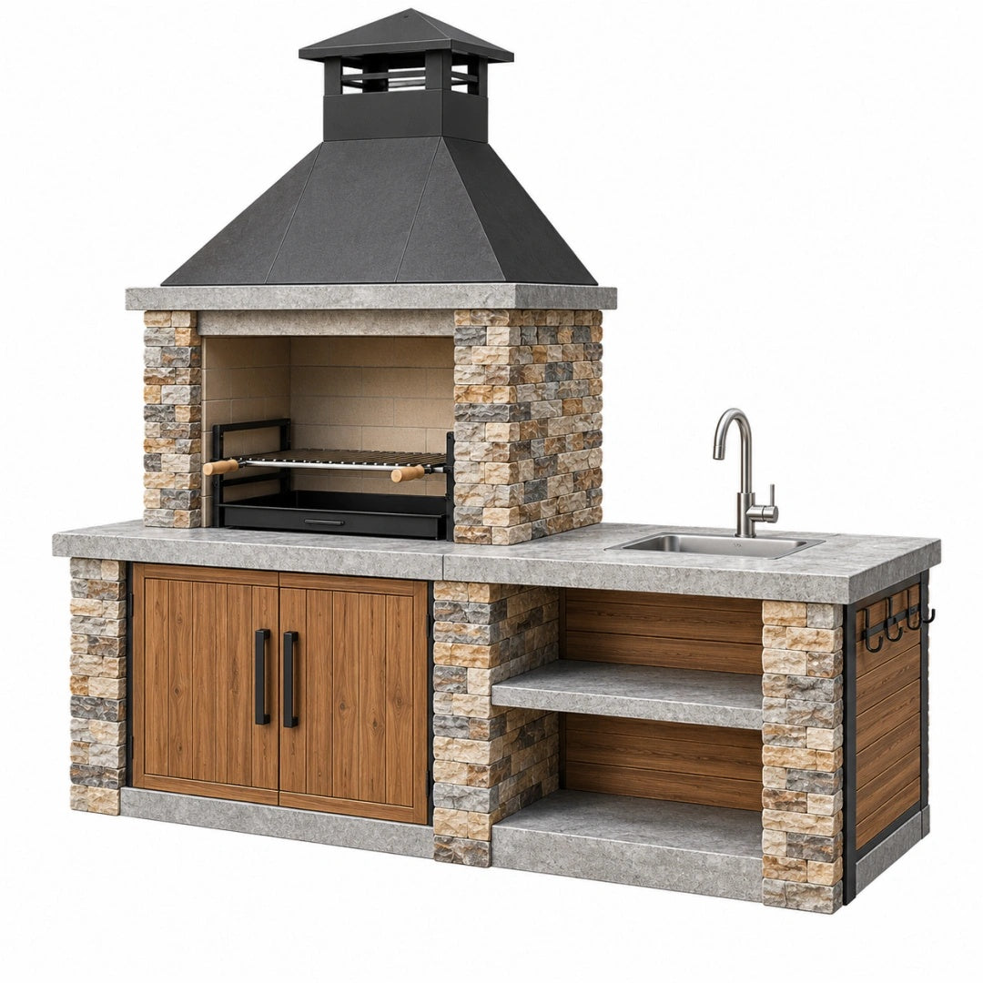 Gartenküche 240 x 70 x 240 cm aus Naturstein Holz Schwarz mit Grillkamin Spüle und Stauraum