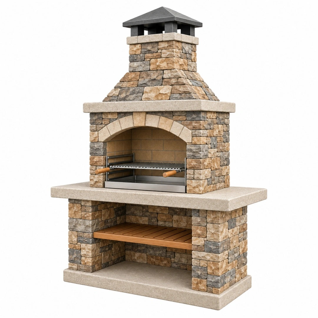 Gartengrill 120 x 80 x 220 cm Beige Grau Steinoptik mit Kamin und Grillrost