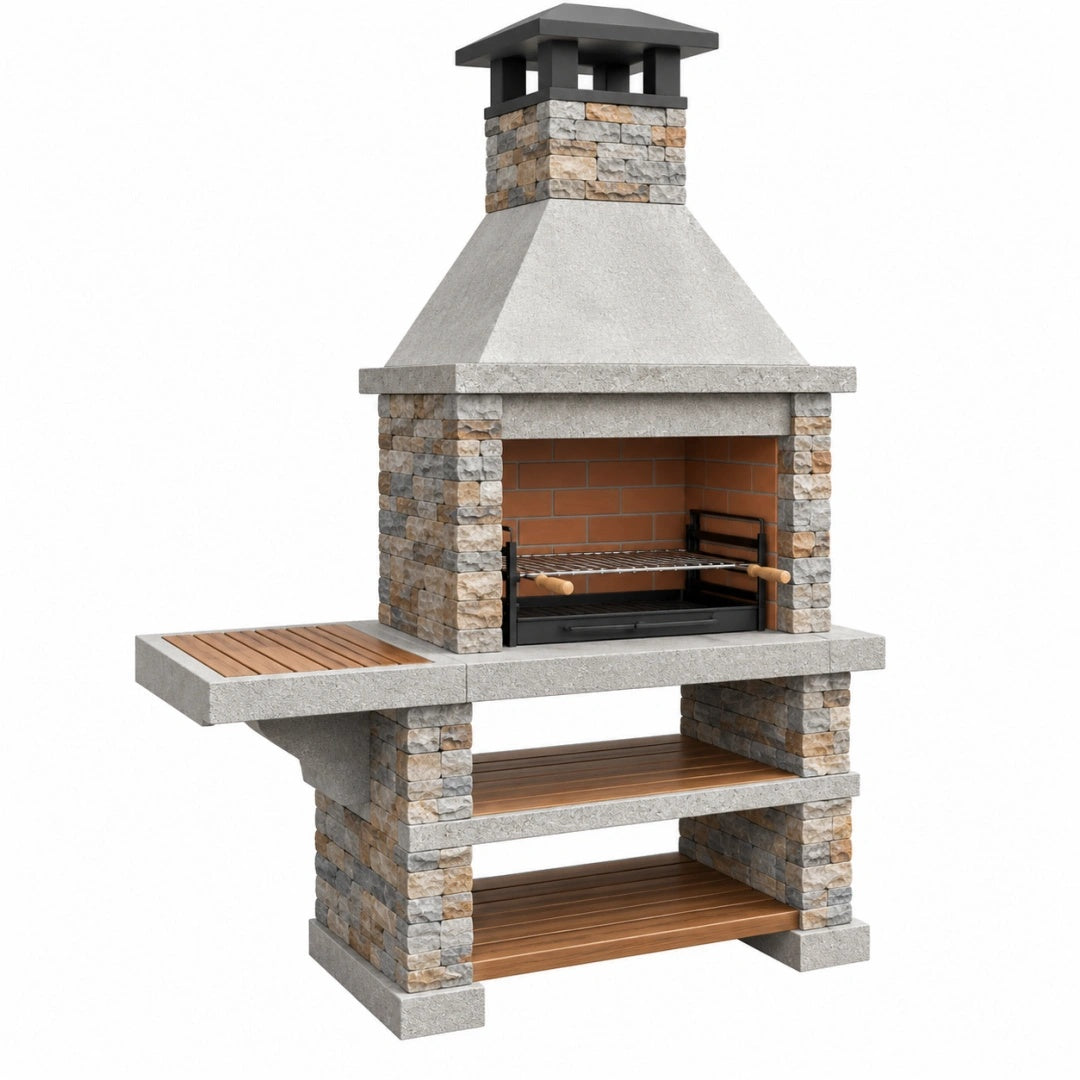 Gartenkamin Grillstation 180 x 70 x 230 cm aus Beton Steinoptik Grau Braun mit Grillrost und Ablagen