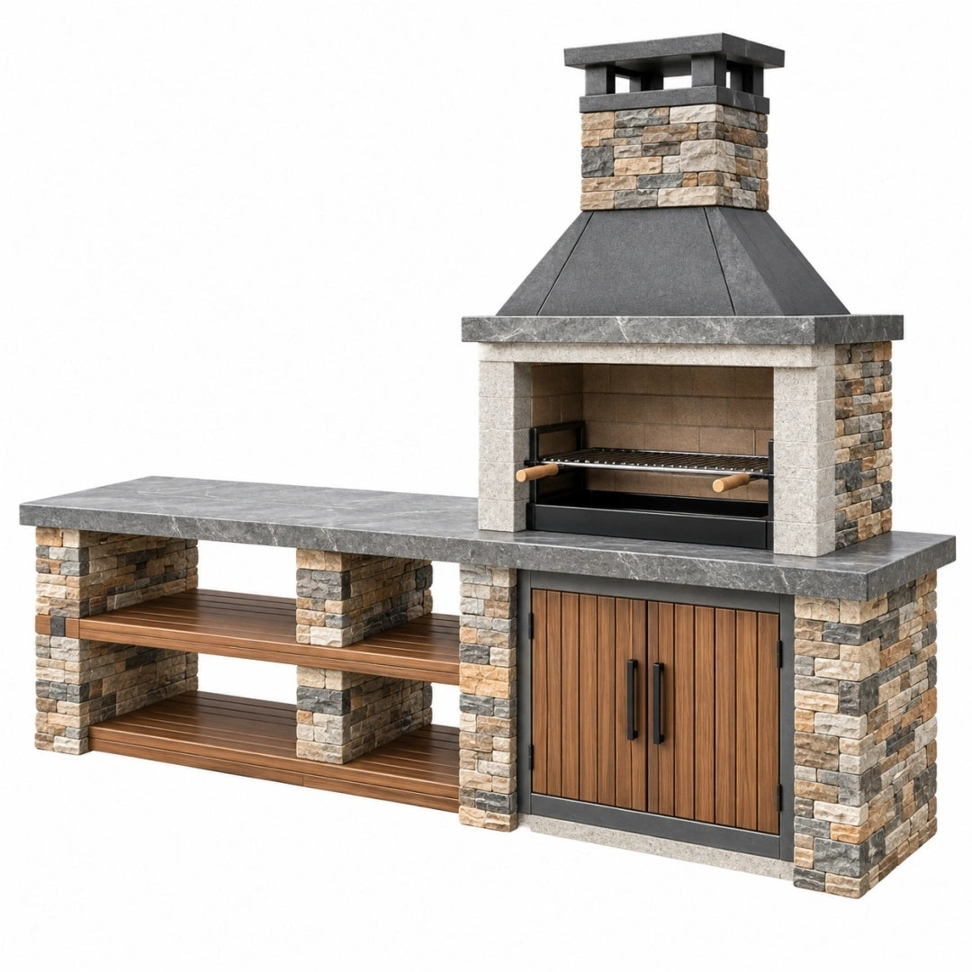 Gartenküche 260 x 70 x 240 cm Stein und Metall Grau Braun mit Grillkamin