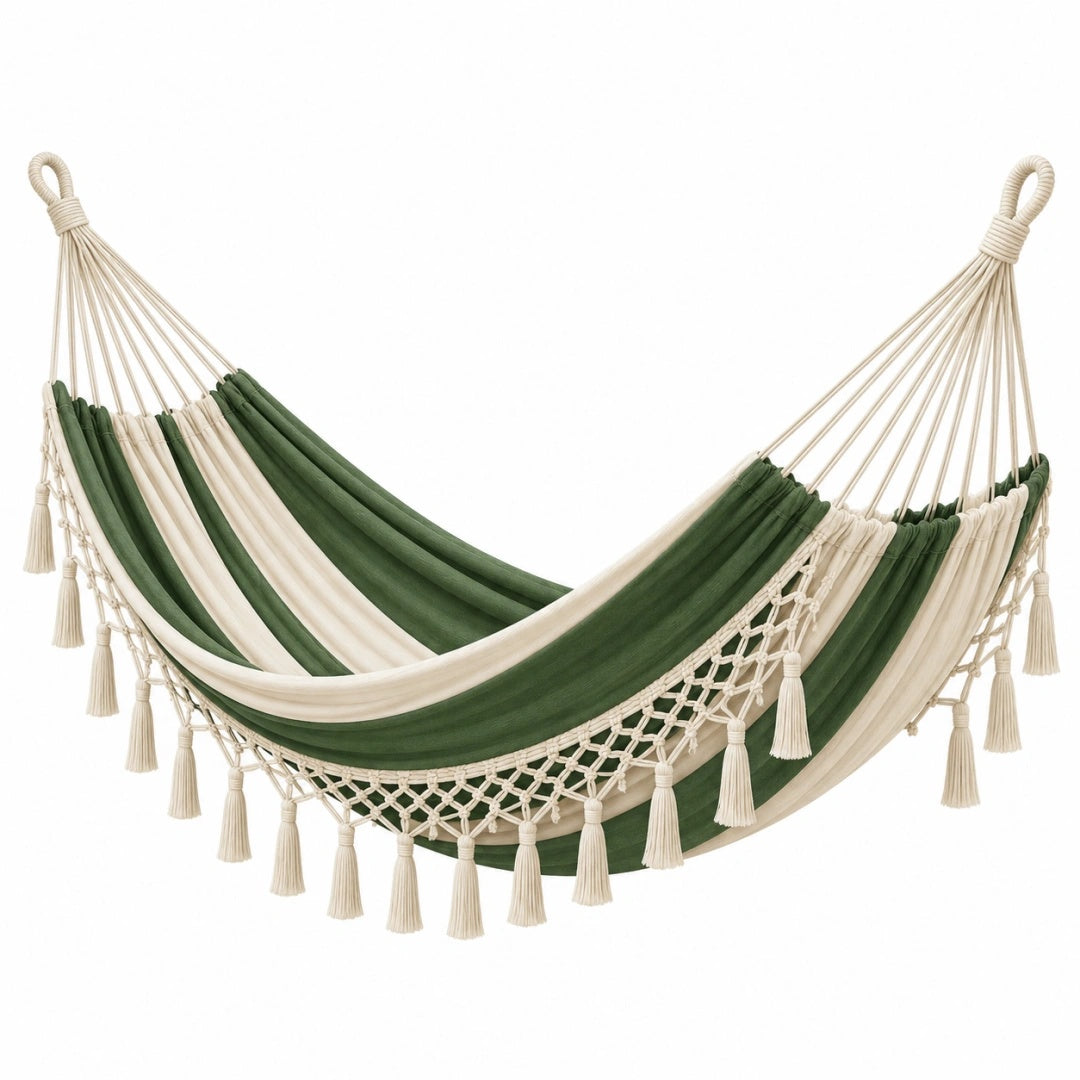 Hängematte 200 x 100 cm Baumwollgewebe Grün Creme Boho für Garten und Innenbereich