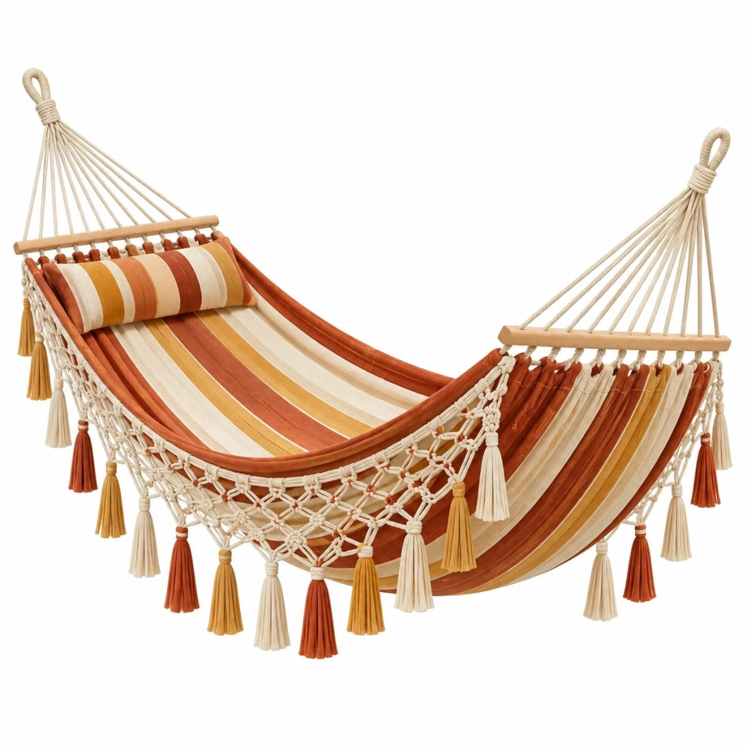 Hängematte 200 x 120 cm aus Baumwolle in Terrakotta Beige Gelb mit Fransen im Boho-Stil