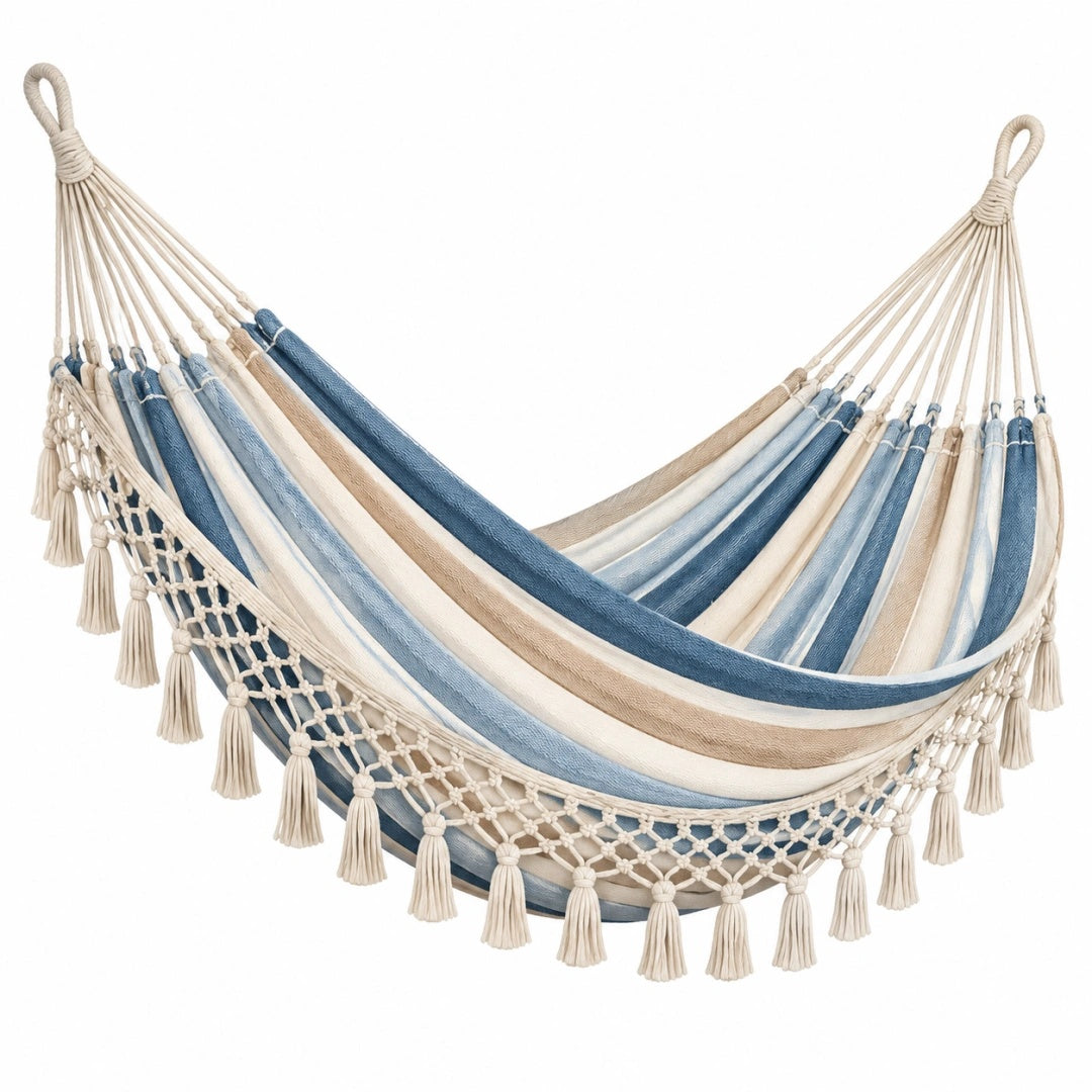 Hängematte 300 x 150 cm aus Baumwollgewebe Blau Beige gestreift mit Makramee Fransen