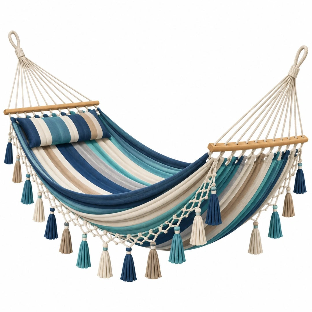 Hängematte 200 x 150 cm Baumwollmischgewebe Blau Türkis Beige mit Holzspreizstäben Boho