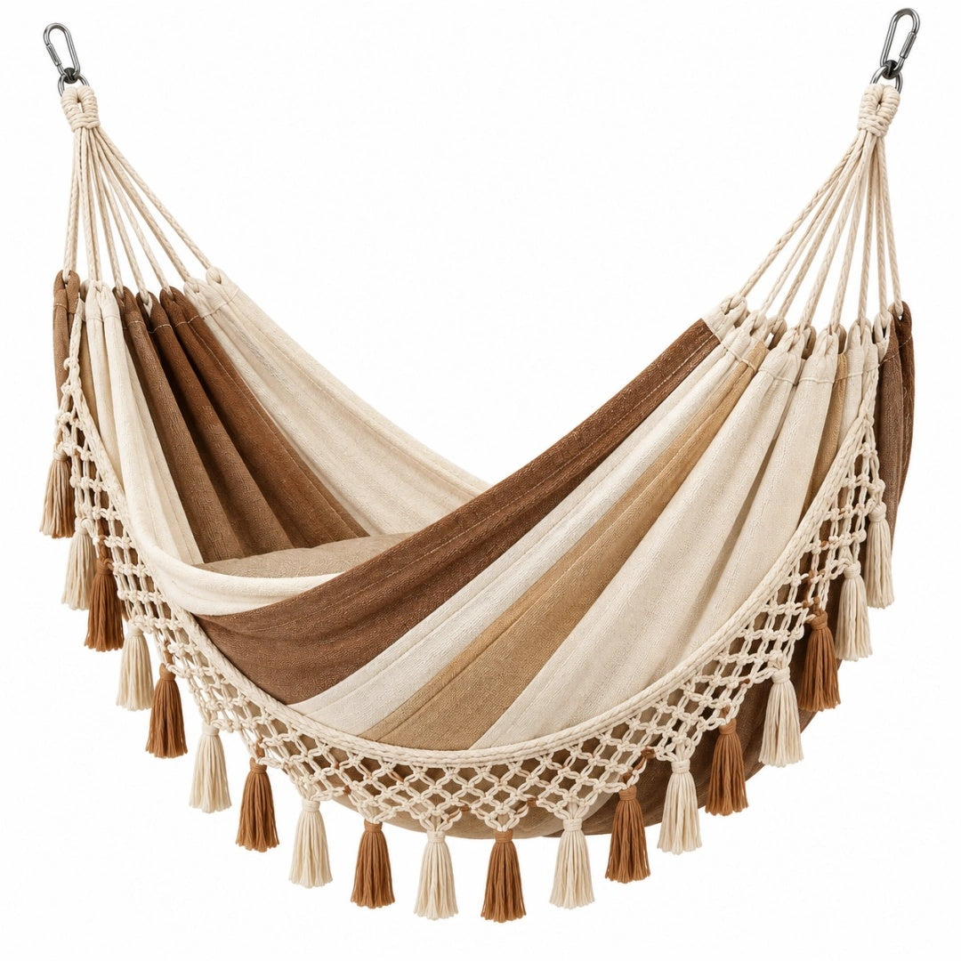 Hängematte 200 x 100 cm Baumwolle Beige Braun mit Makramee und Karabinern