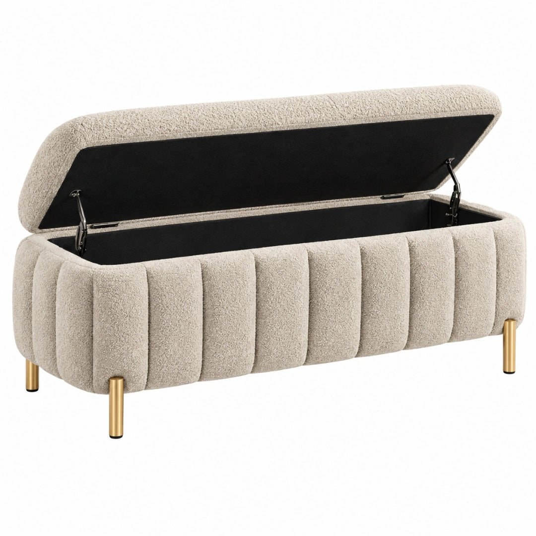 Sitzbank mit Stauraum 120 cm Bouclé Beige gepolstert mit Klappdeckel