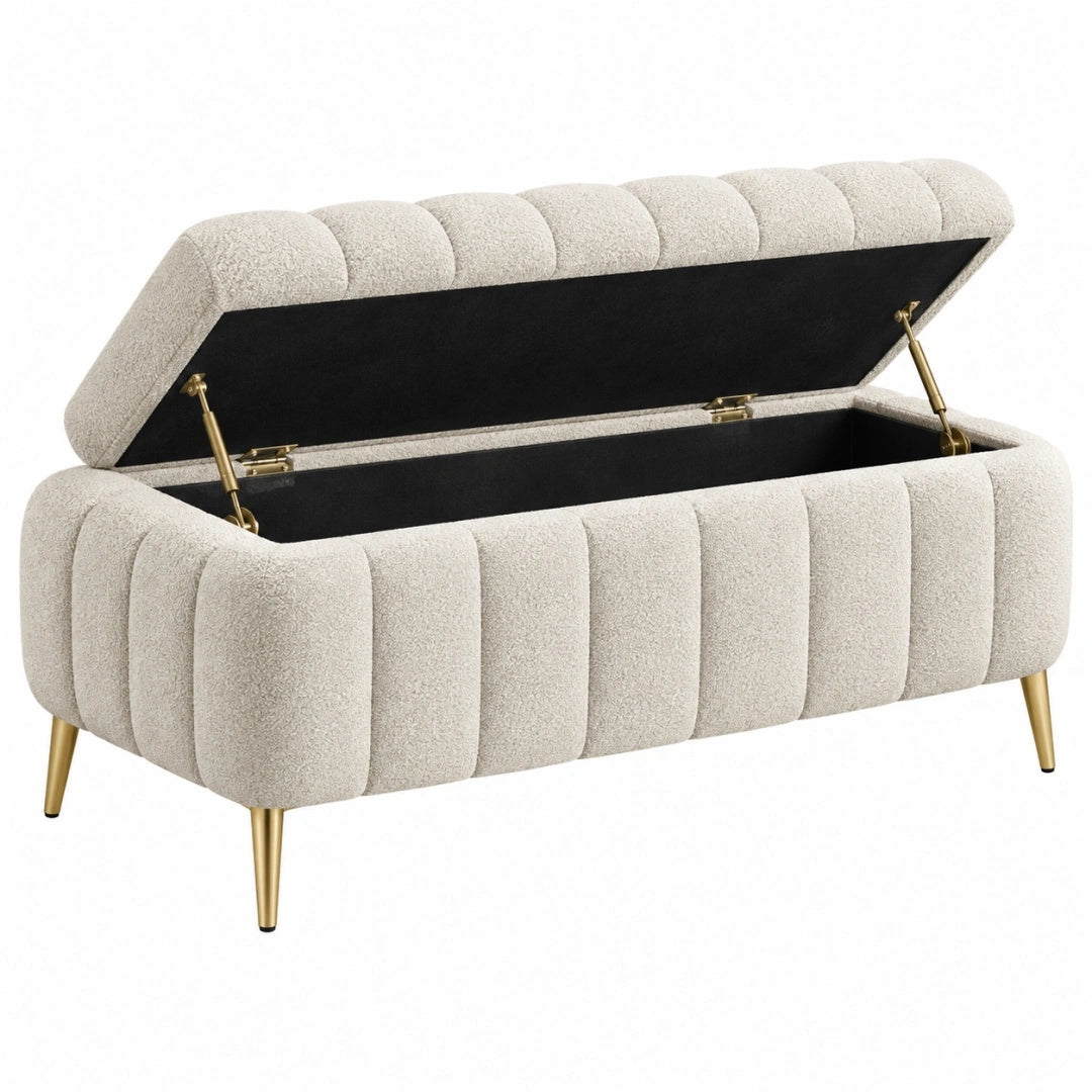 Sitzbank mit Stauraum 110 cm Bouclé Creme Gold - gepolstert mit Klappdeckel