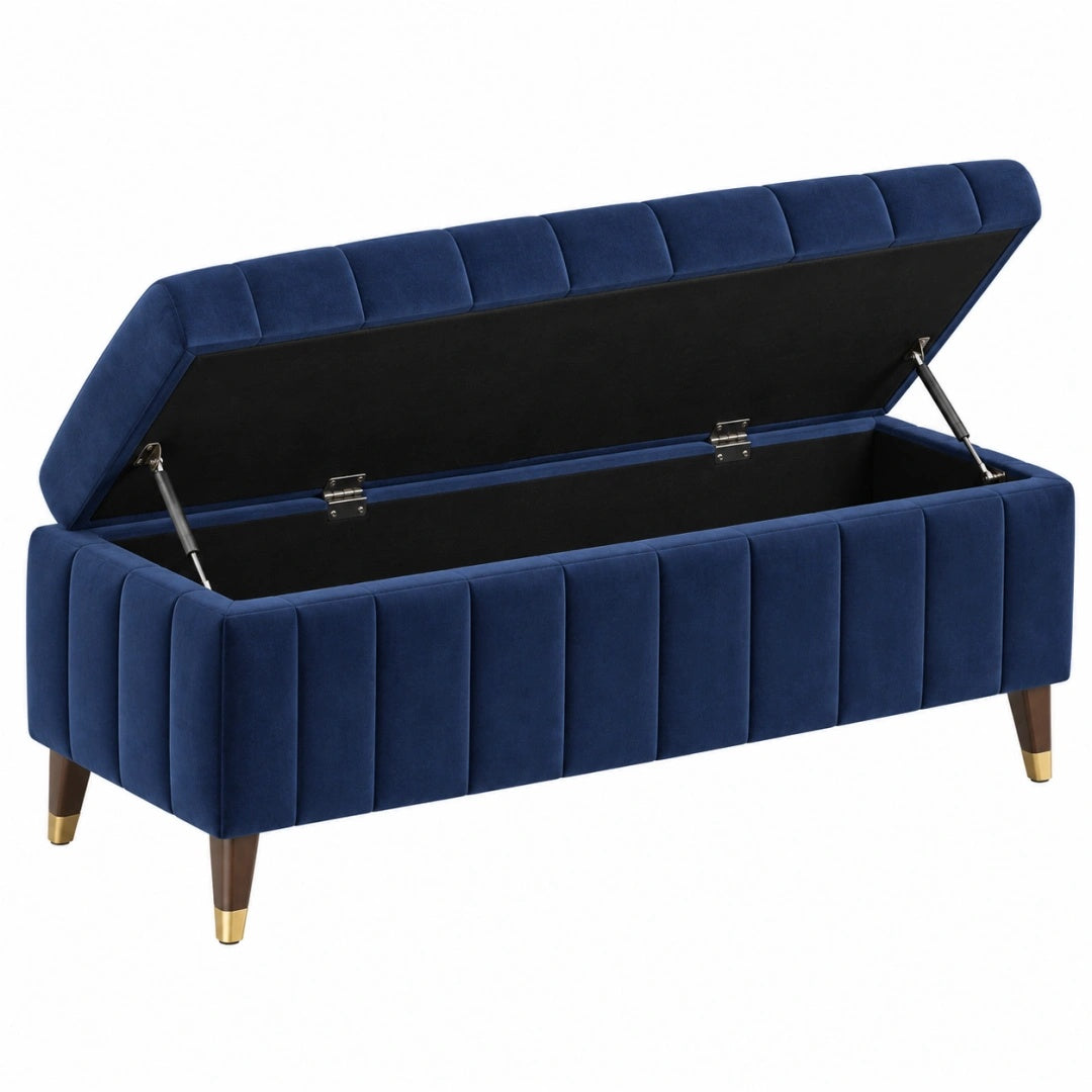 Sitzbank mit Stauraum 120 x 45 x 50 cm dunkelblauer Samtbezug gepolstert für Flur und Schlafzimmer