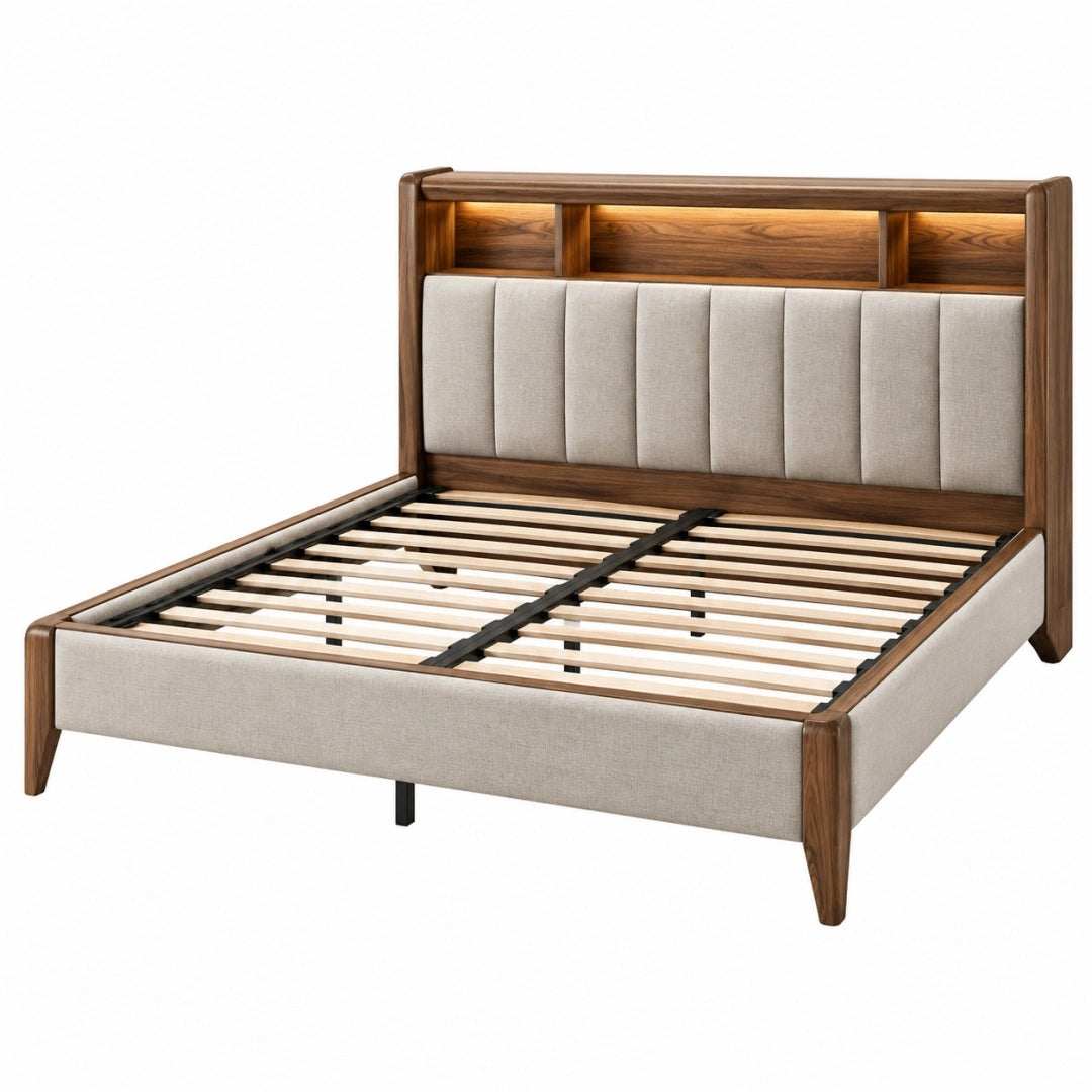 Bettrahmen 180 x 200 cm Holz und Stoff Beige Braun mit gepolstertem Kopfteil und Lattenrost