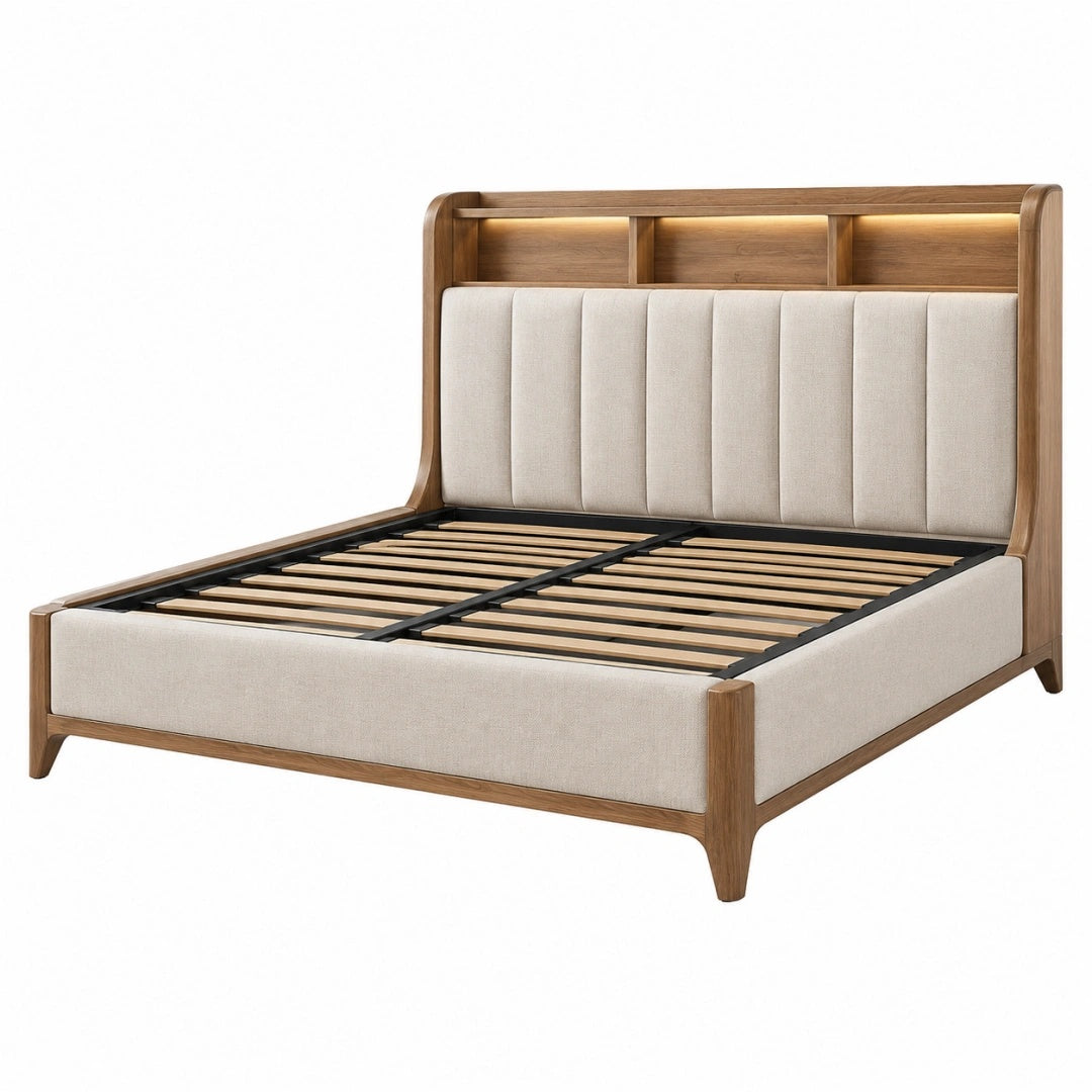 Polsterbett 160 x 200 cm Holz Beige mit Lattenrost und Ablagekopfteil